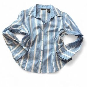 Vintage New York & Company Stretch Blue & Pink Vertical Stripe Button Up Shirt